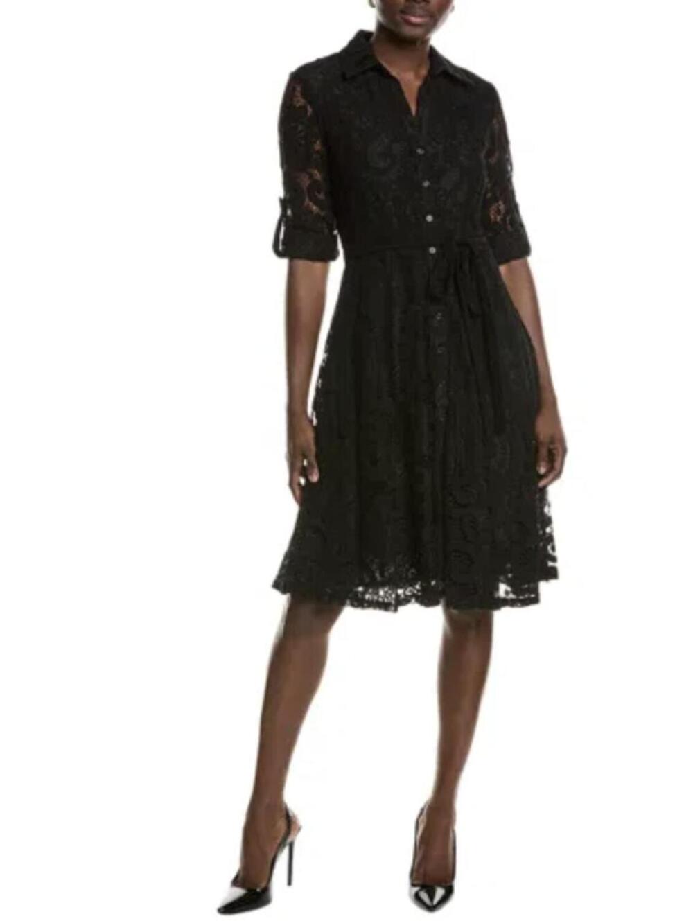 Nanette Lepore Black Lace Midi Shirt Dress Belted Button Front Size 14